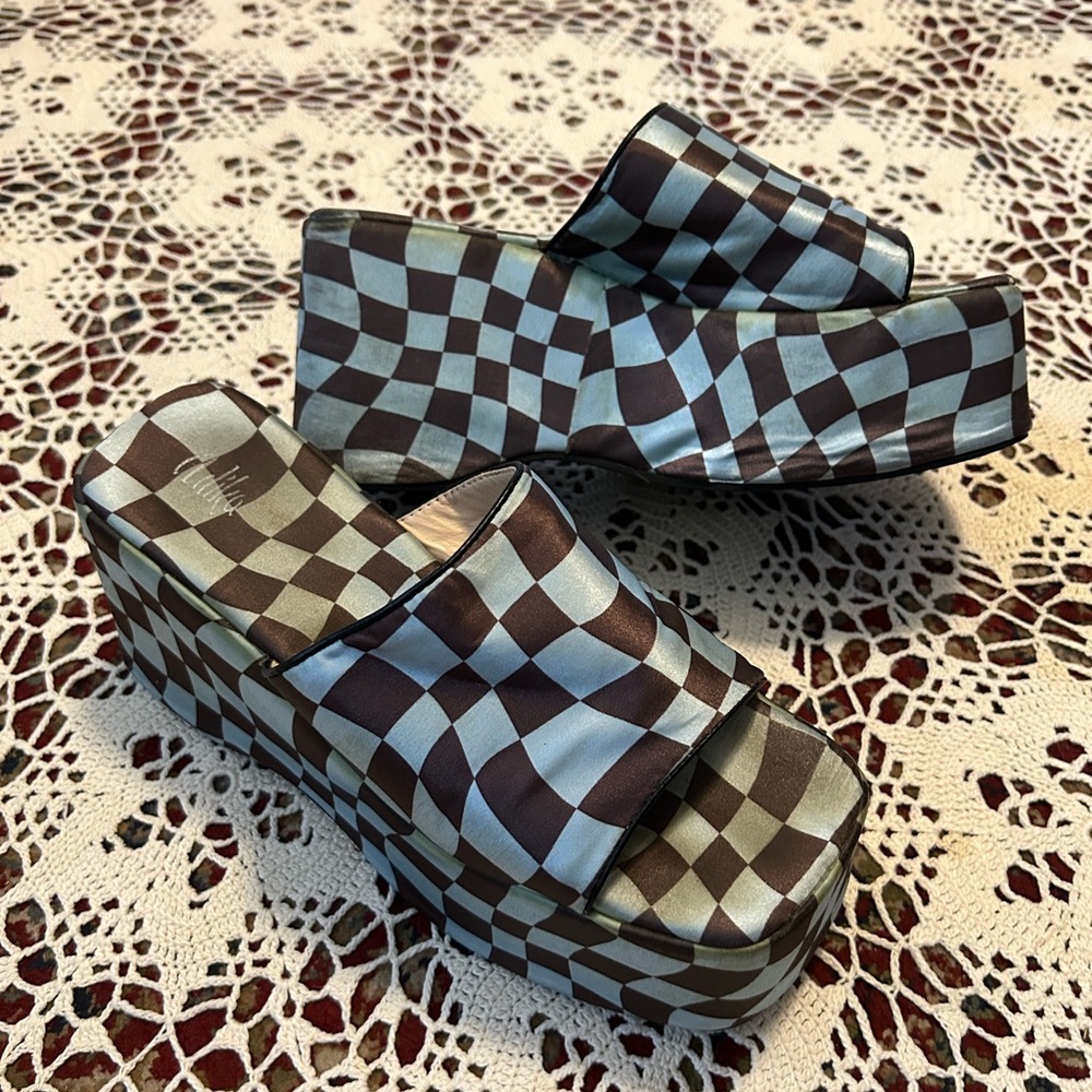 Blue and Brown Adika Checkered Platform Sandals From Urban Outfitters